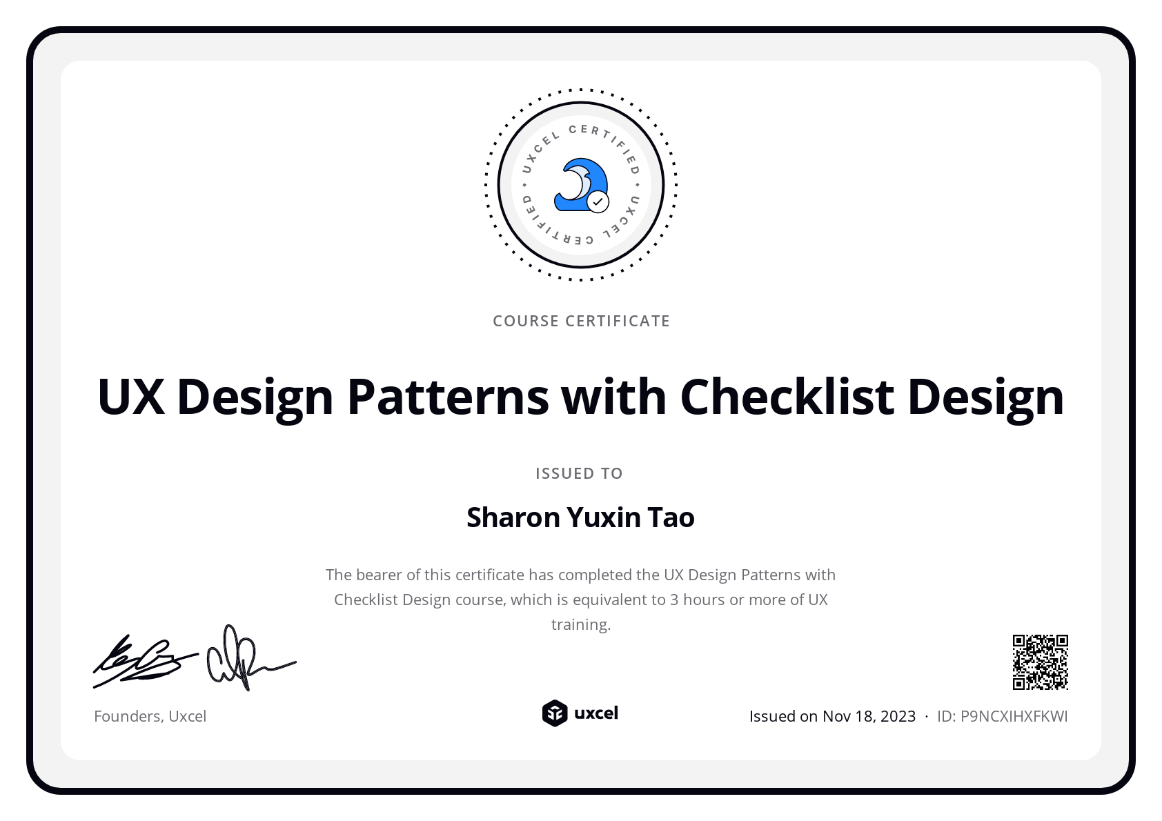 Sharon Yuxin Tao's certificate